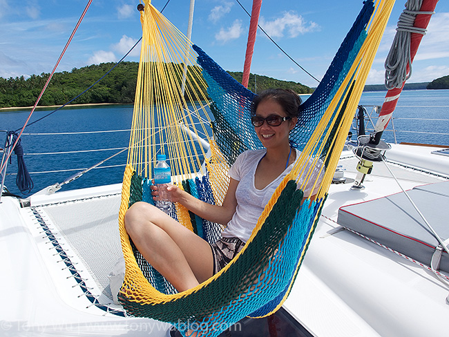Pam Cheng in hammock aboard Bella Principessa