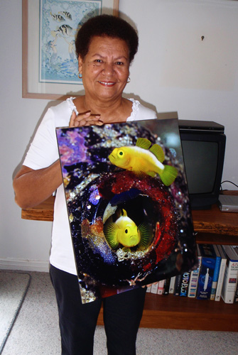 Dinah Halstead with photo of Dinah's gobies from Milne Bay