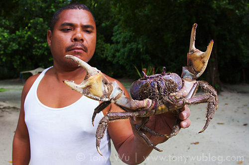 Malcolm holding up a land crab (Discoplax hirtipes)