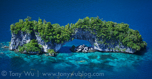 Aerial view of the Natural Arch formation in the Rock Islands of Palau