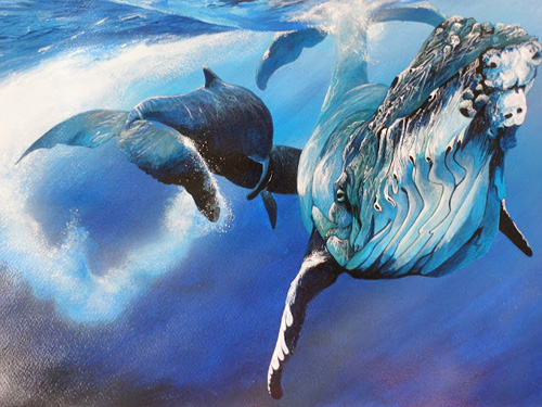 Acrylic painting by Rob Dunford, based on Tony Wu humpback whale photographs