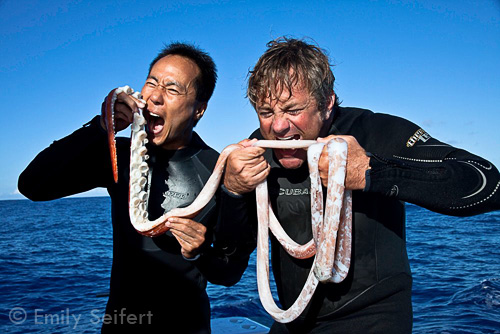 Tony Wu and Douglas Seifert with Architeuthis giant squid in Japan