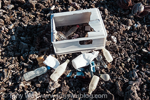 Plastics and other garbage washed up on a remote beach
