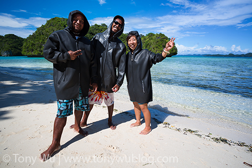 neoprene boat coats from Blue Marlin dive shop, Palau